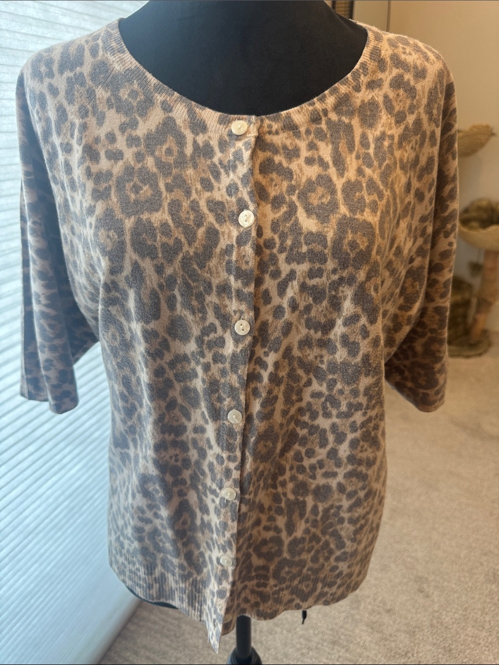 Leopard Print Button-Front Short Sleeve Cardigan - Tan & Brown